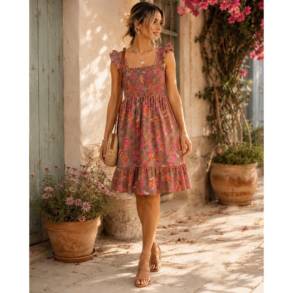 Boho Floral Smocked Ruffle Mini Dress Beachy Summer‎ Festival Cottagecore Sz S